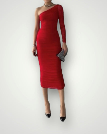 Geplooide one shoulder midi jurk