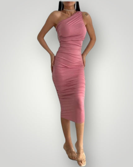 Geplooide one shoulder jurk