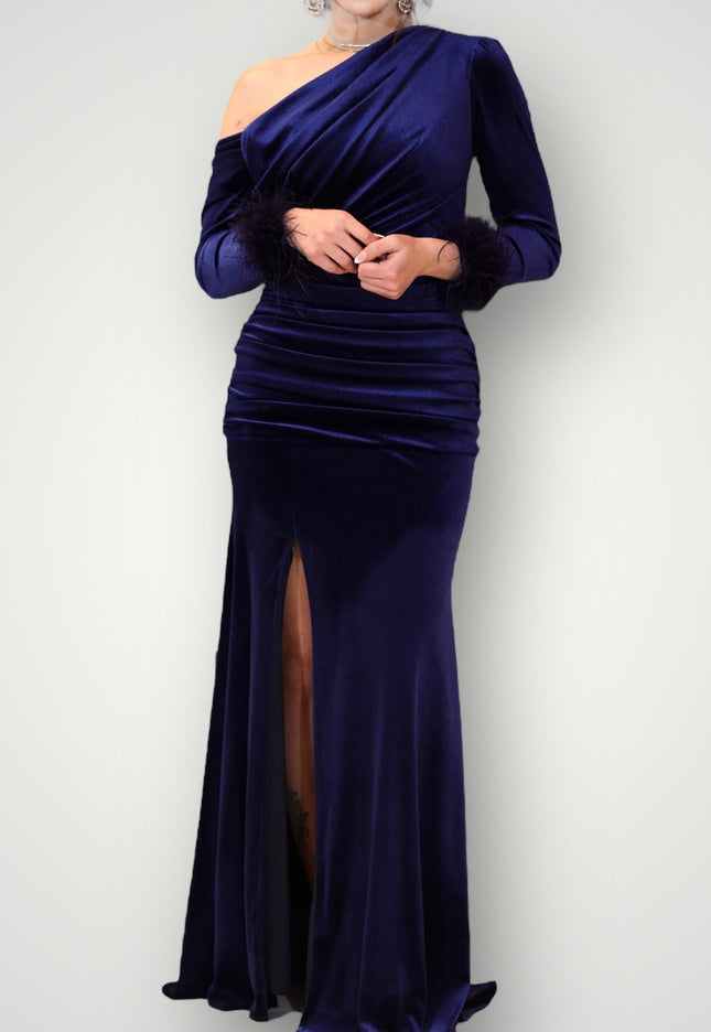 Off shoulder maxi jurk fluweel velours