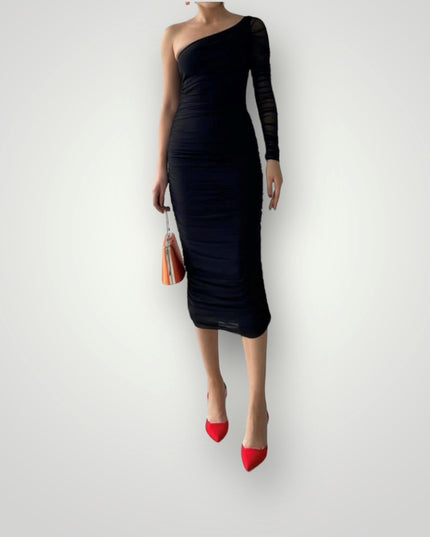 Geplooide one shoulder midi jurk